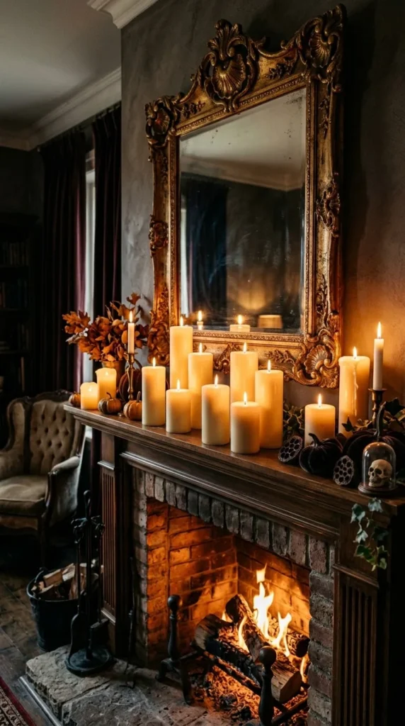Elegant fireplace mantel adorned with candles, pumpkins, and ornate mirror