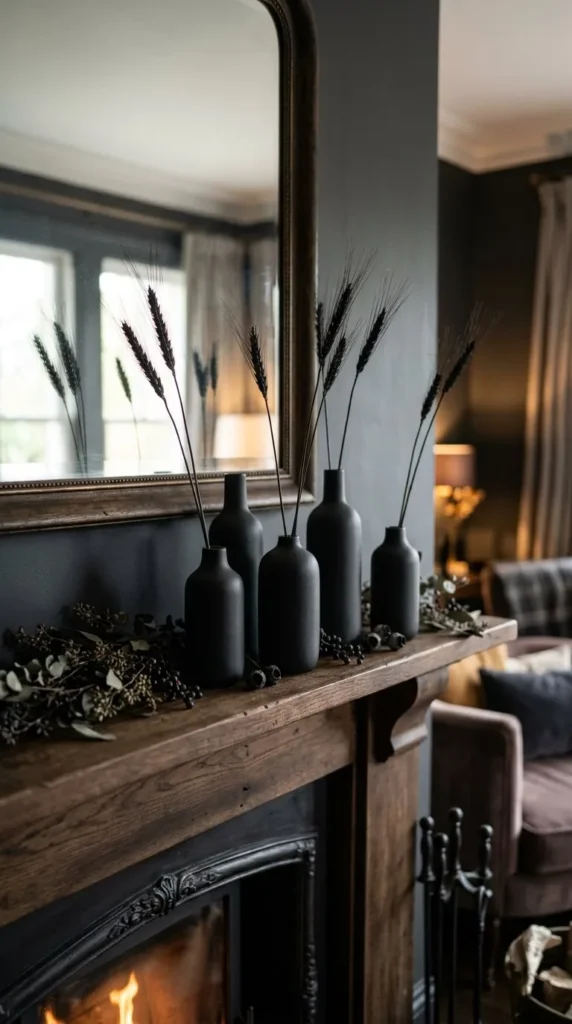Black vases with wheat and greenery on mantel, fireplace burning.