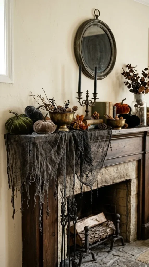 Ornate mantel with pumpkins, velvet cloth, candlesticks, fireplace, decorative mirror.