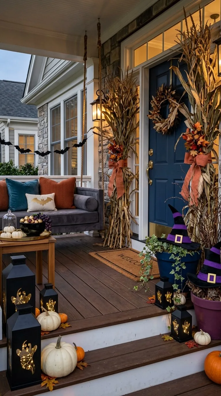 Halloween porch with blue door, corn stalks, pumpkins, witch hats.