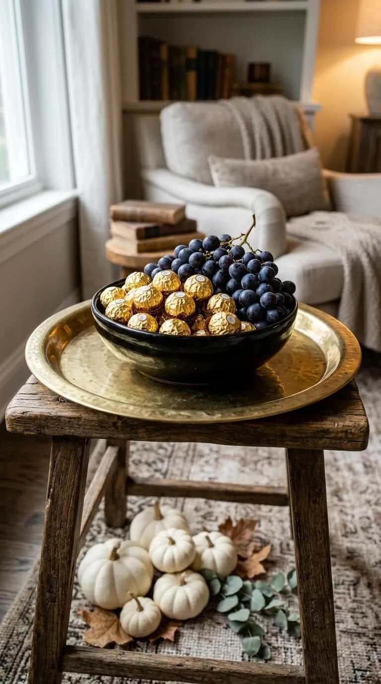 Wooden stool holds brass tray with grapes and chocolates bowl