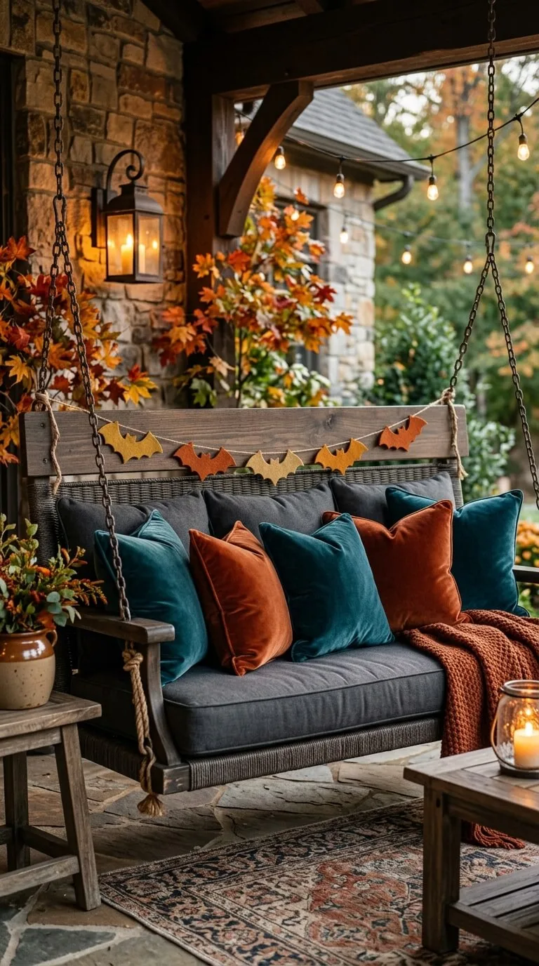 Cozy porch swing with autumn pillows, bat garland, warm lighting.