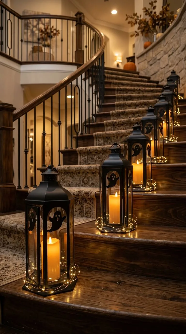 Spiral staircase adorned with ghostly lanterns, candles, and fairy lights.