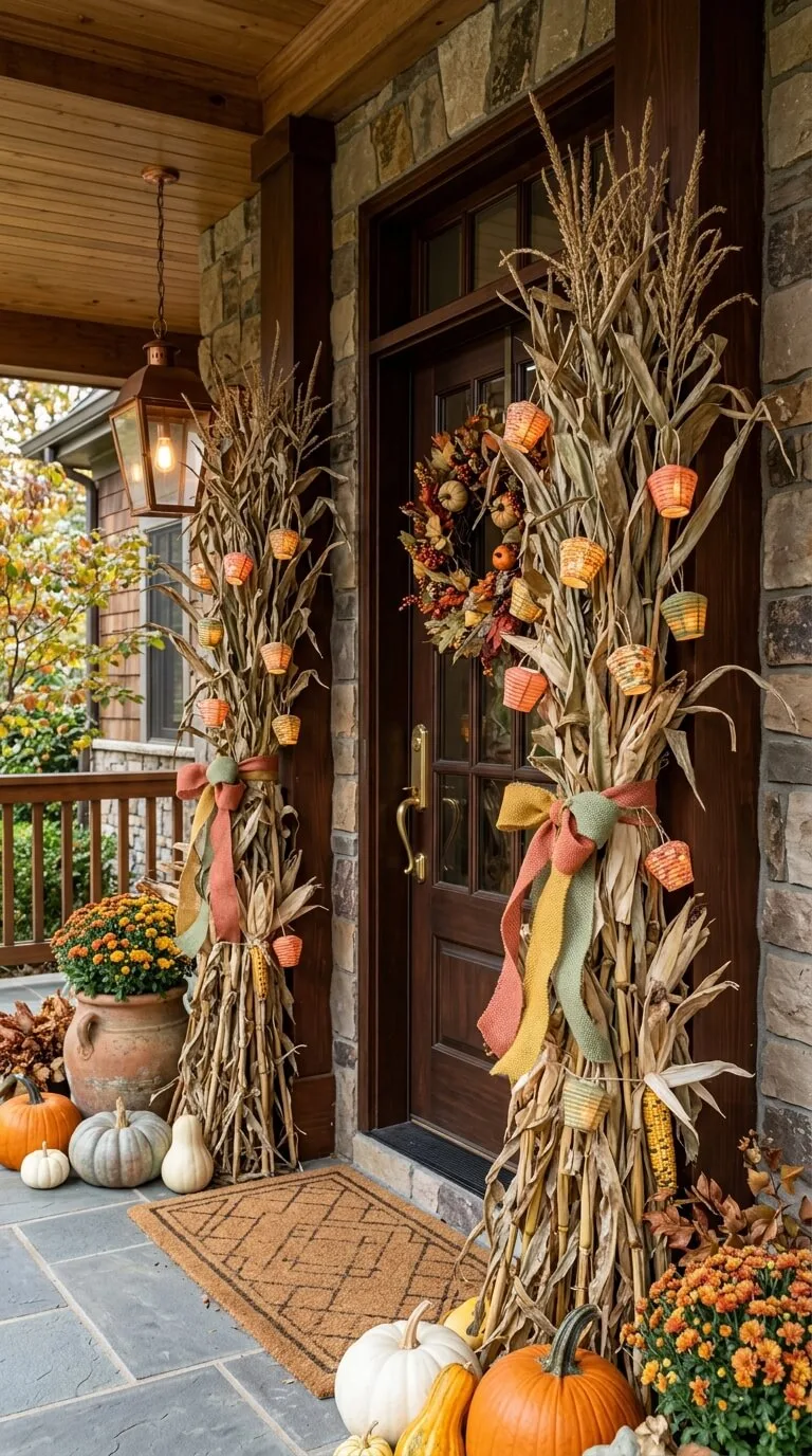 Decorated autumn porch with corn stalks pumpkins mums and wreath
