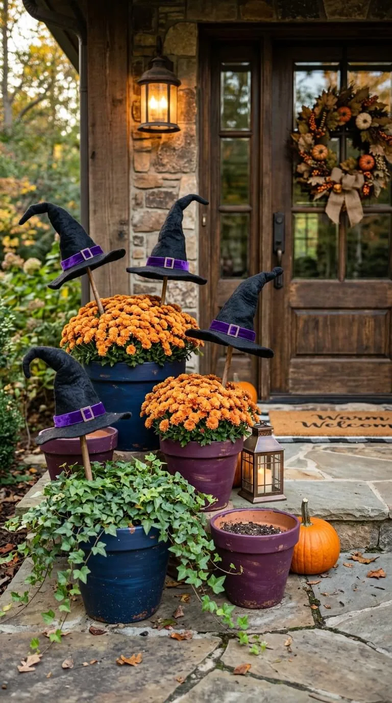 Halloween witch hats on flower pots on a stone porch