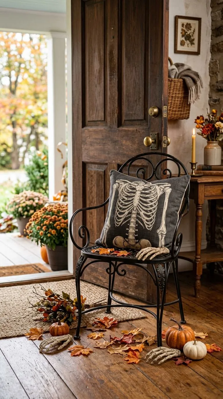 Skeleton pillow on chair pumpkins and autumn leaves nearby doorway