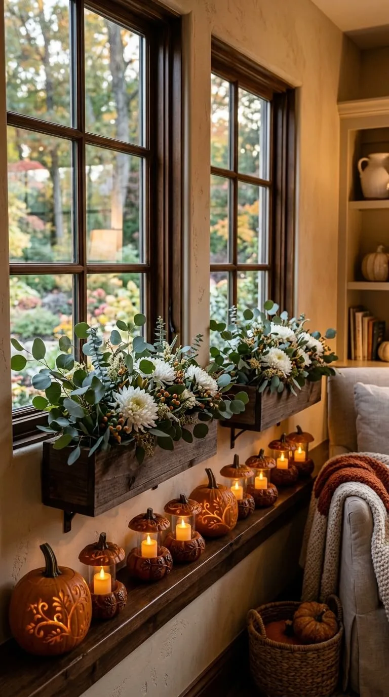 Cozy autumn window display with pumpkins, candles, flowers, warm light