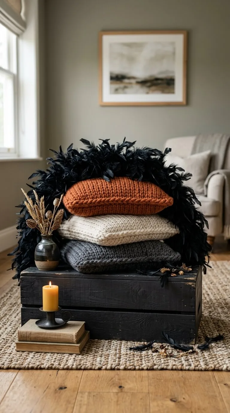 Stacked knitted pillows black feathers candle vase books rustic decor