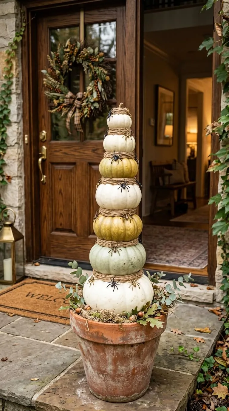 Stacked pumpkins with spiders on doorstep, autumn porch decor display