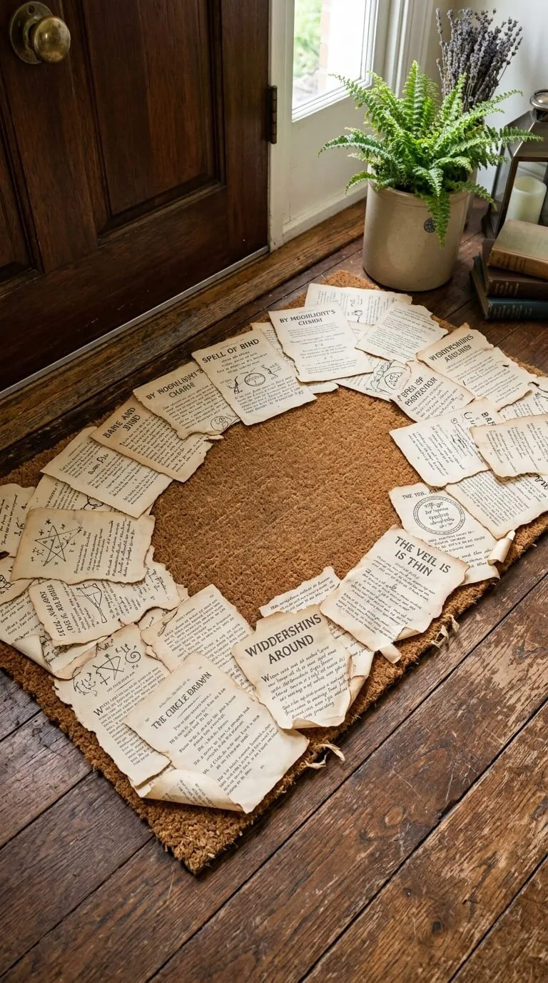 Circle of spell papers on brown doormat on wooden floor