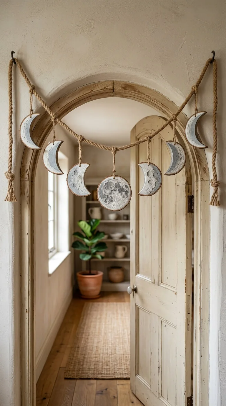 Rope with moon phase decorations hangs over beige arched doorway.
