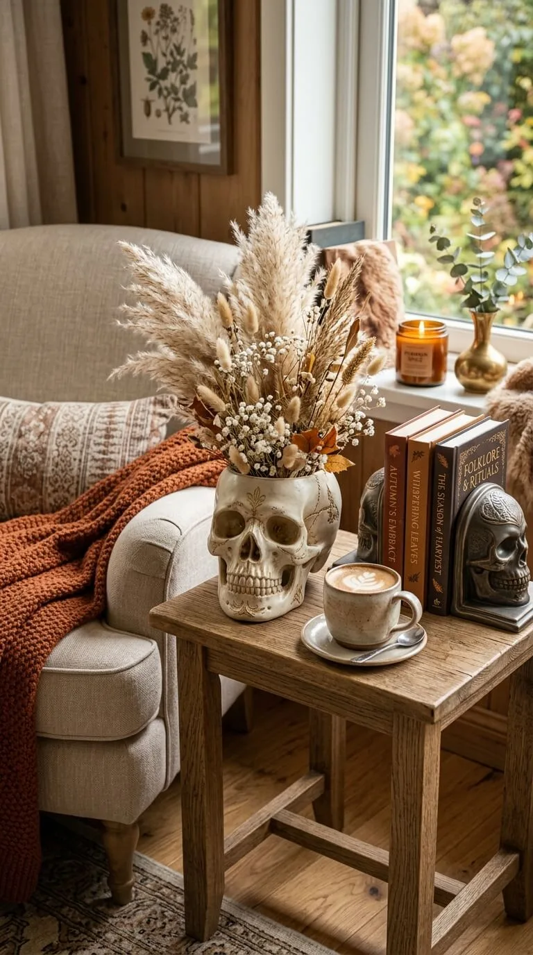 Skull vase with dried flowers, coffee, books, cozy armchair, window.