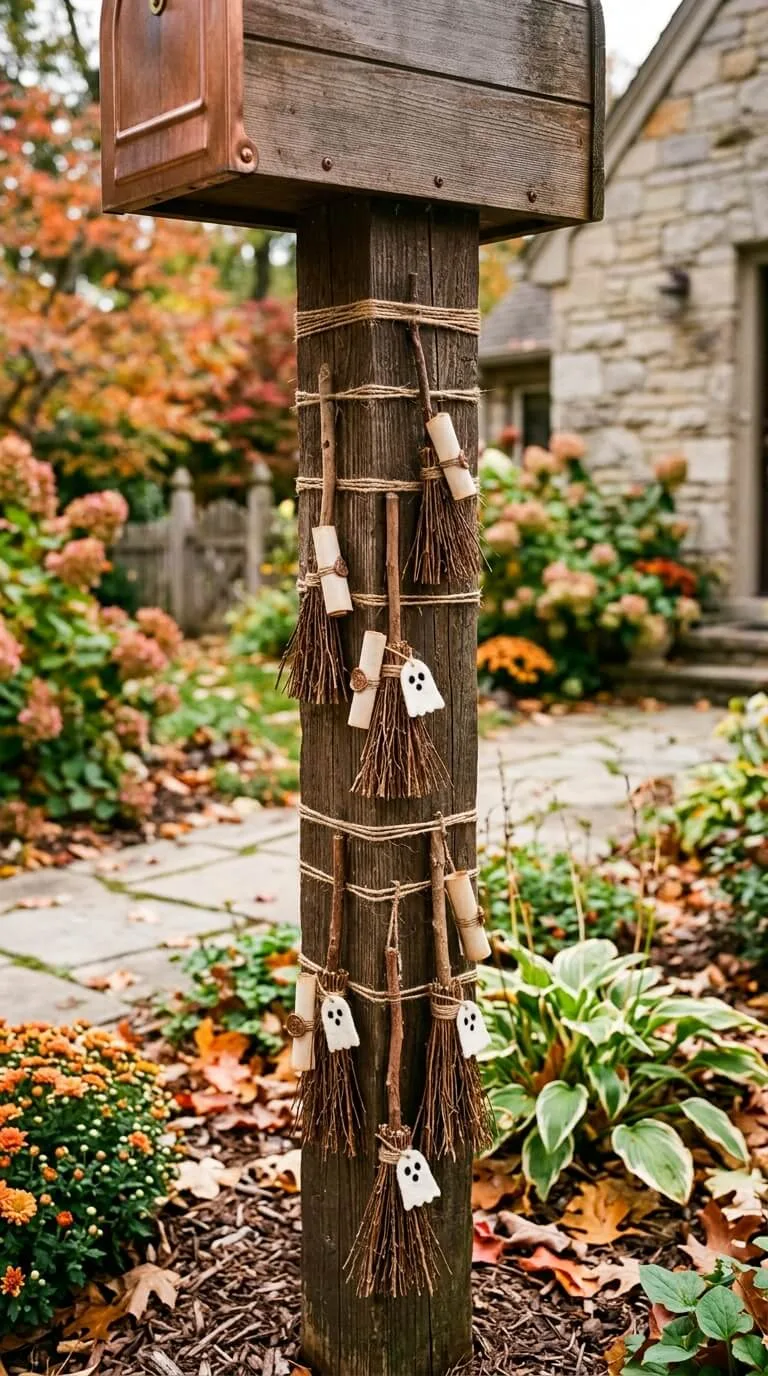 Wooden mailbox post adorned with Halloween broomsticks, ghosts, and scrolls.