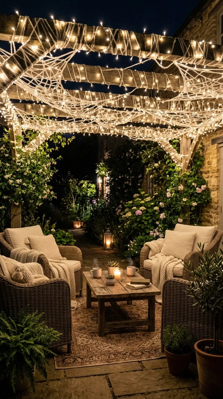Cozy patio with string lights, wicker chairs, and a table