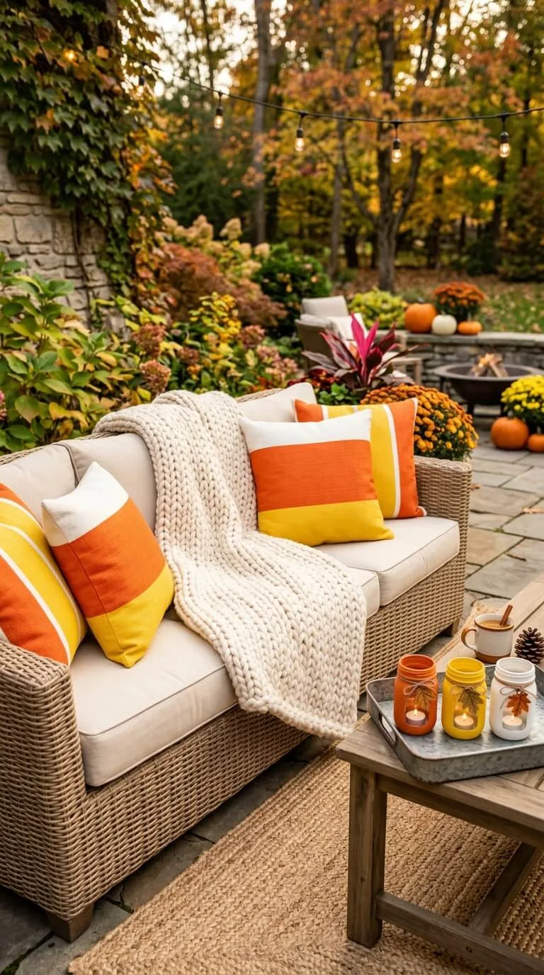 Wicker sofa, orange yellow pillows, blanket, candles, autumn patio scene.
