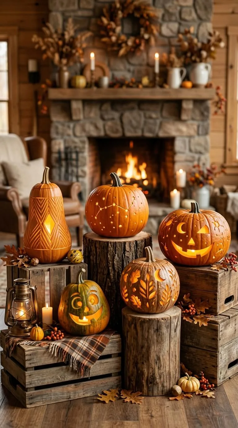 Pumpkins carved with designs displayed near warm cozy autumn fireplace.