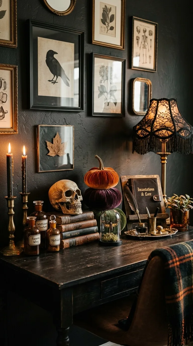 Dark desk with skull, books, pumpkins, candles, and framed art.