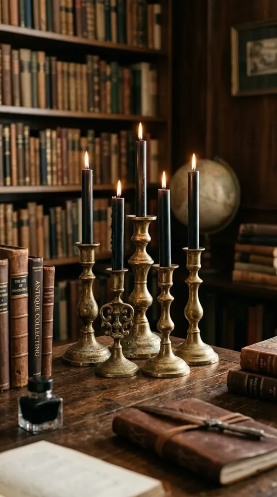 Five lit black candles on brass candlesticks atop wooden desk