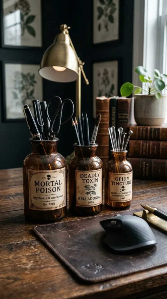 Three brown bottles labeled Mortal Poison Deadly Toxin Opium Tincture