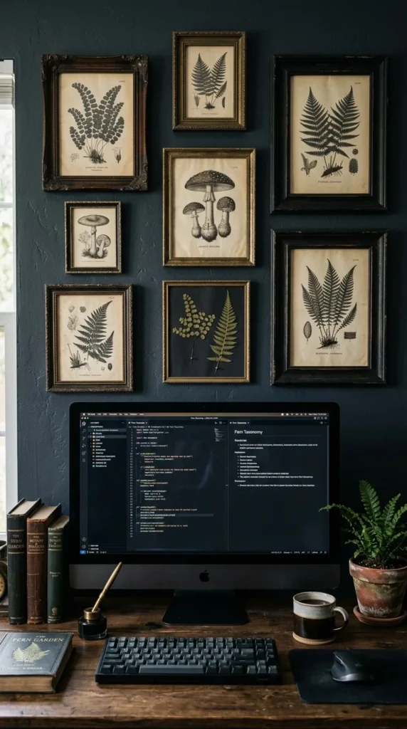 Desk with iMac books coffee plant and botanical wall art