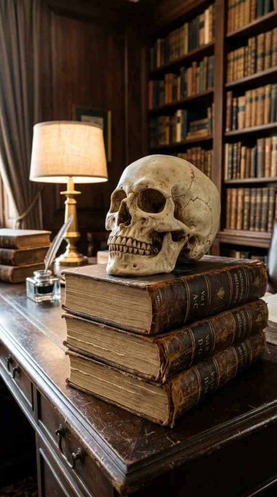 Skull on three old books atop a wooden desk library