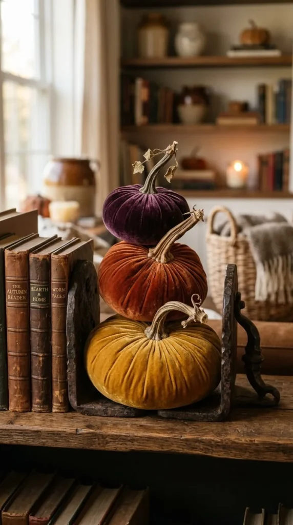 Three velvet pumpkins stacked next to old books on shelf