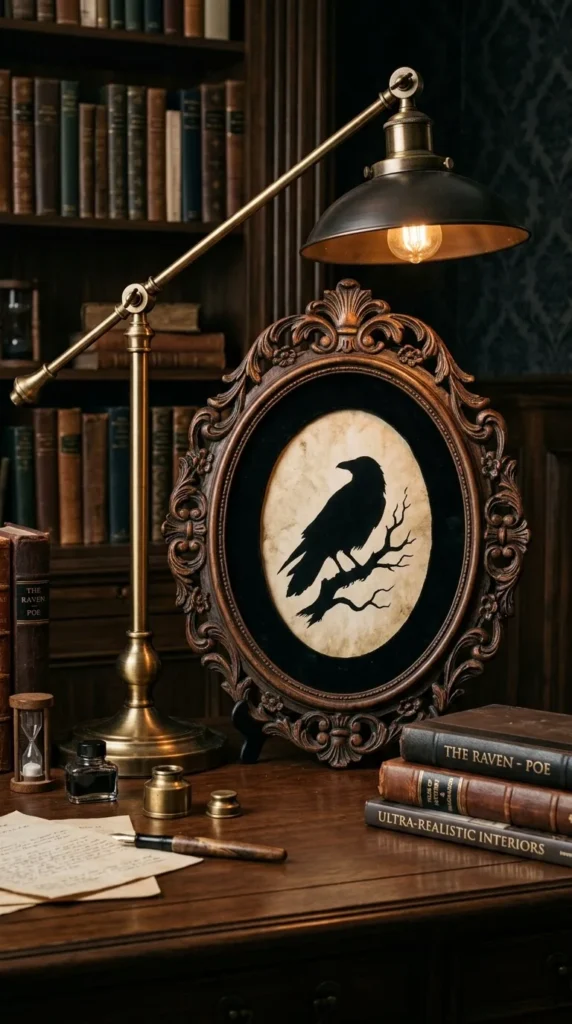 Elegant desk with lamp Poe books raven portrait vintage accessories