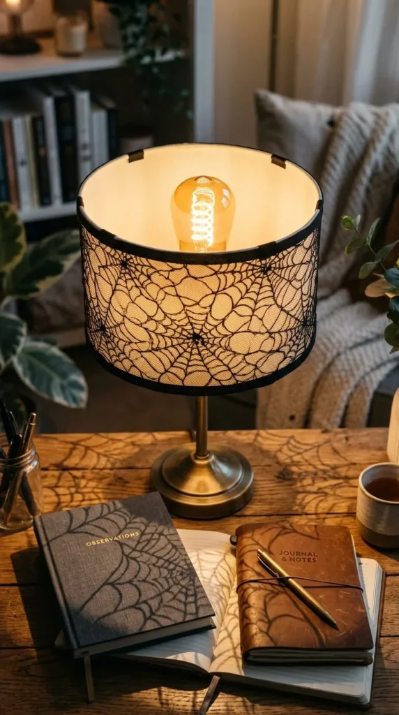 Spiderweb lamp lights wooden desk with books, journal, pen, cup.