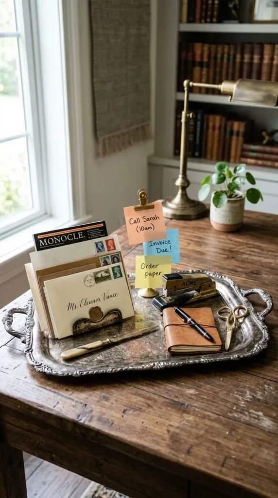 Silver tray holds mail, notes, stapler, pen, scissors on desk