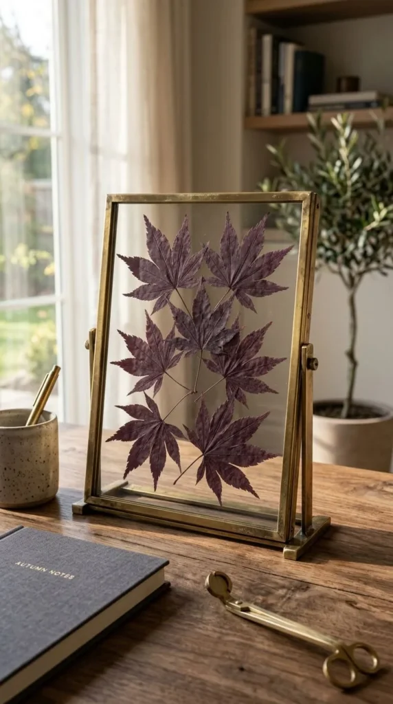 Brass-framed glass case holds dried purple maple leaves on desk