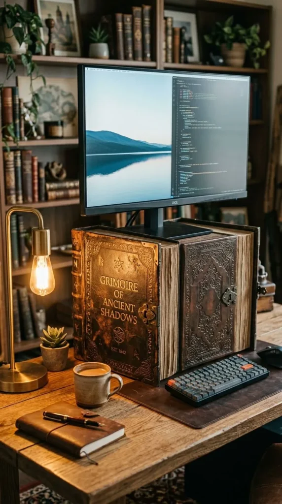 Computer monitor on giant book, desk with coffee and keyboard
