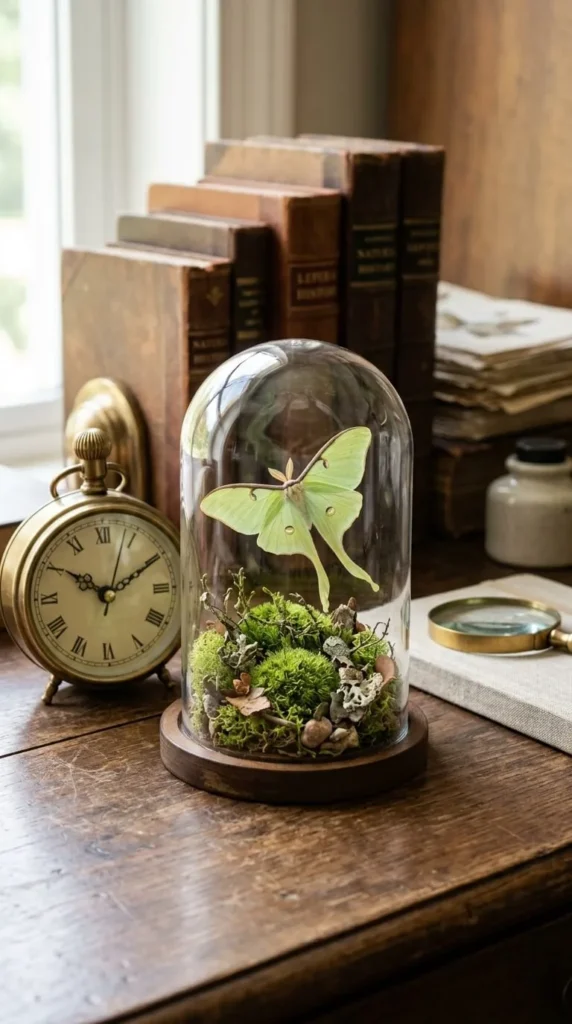 Glass dome with green moth, moss, rocks on wooden table