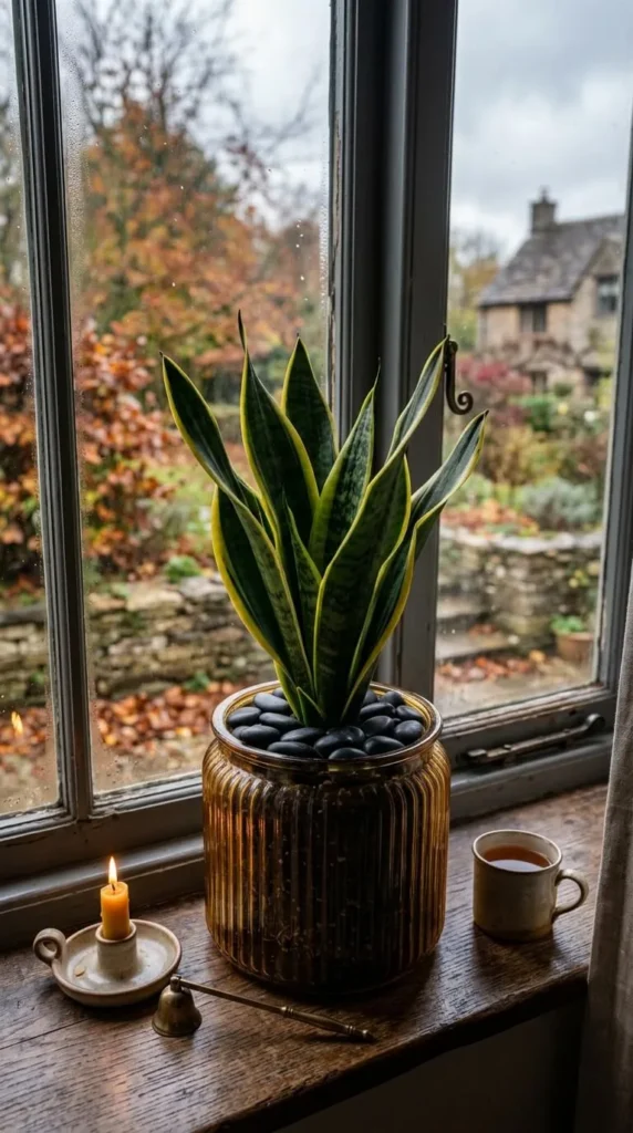 Snake plant in jar, candle, tea mug on windowsill outside