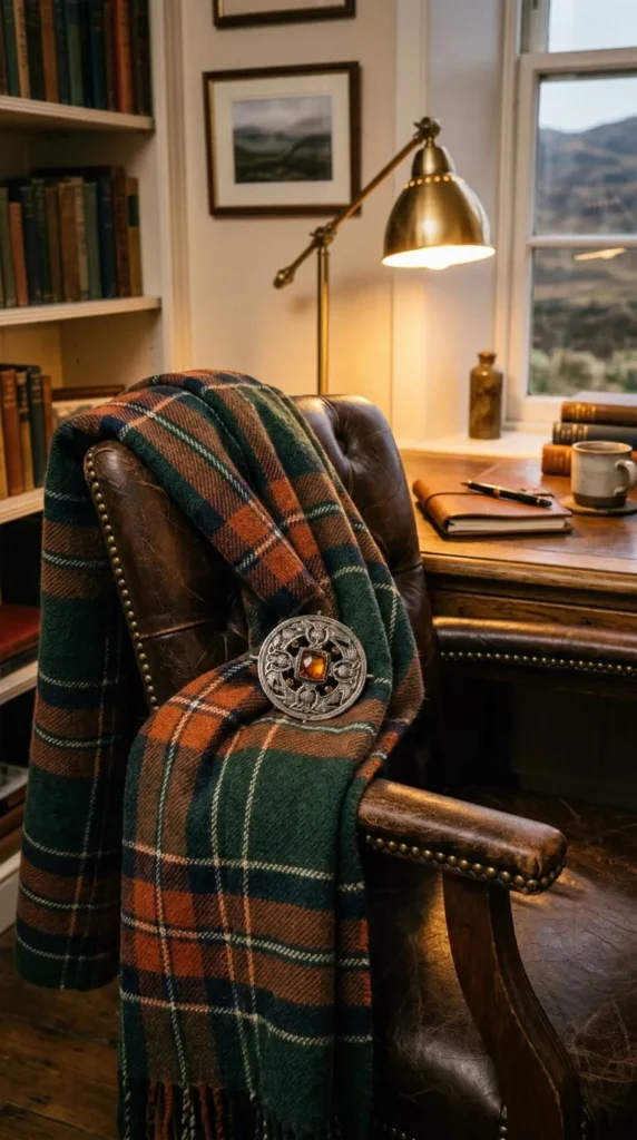 Plaid scarf with brooch rests on leather chair in study
