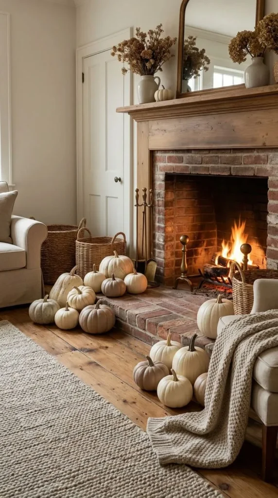 Warm living room with fireplace white pumpkins and cozy decor