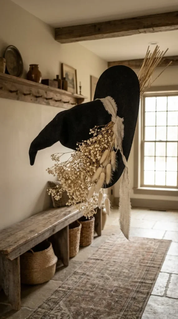 Black witch hat with dried flowers and broom rustic interior