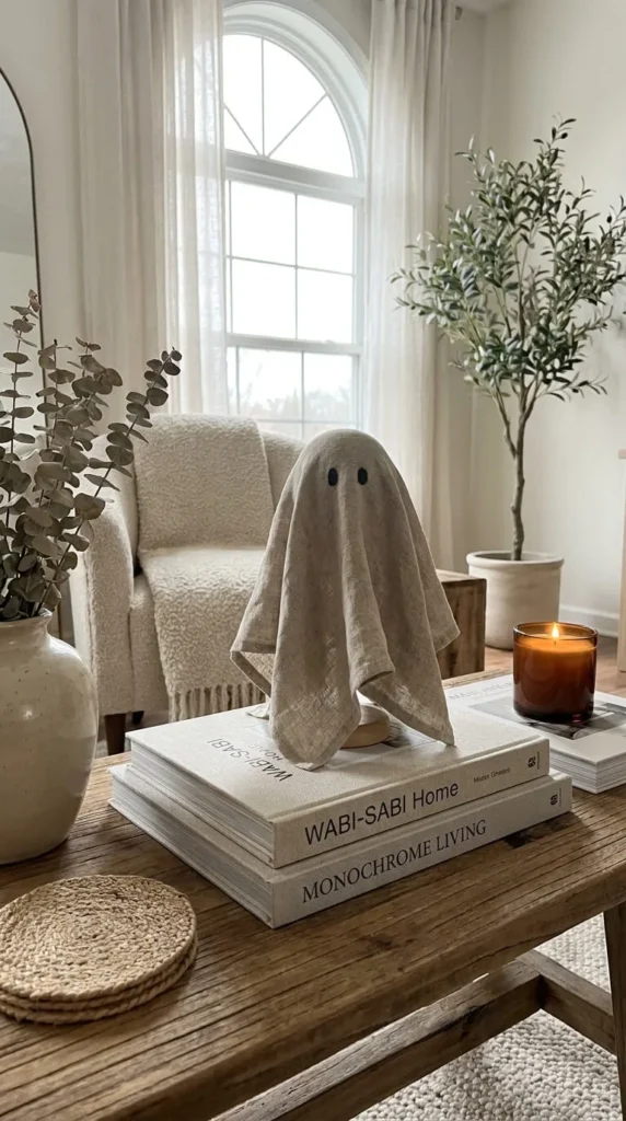 Ghost cloth on books candle plants window view cozy table