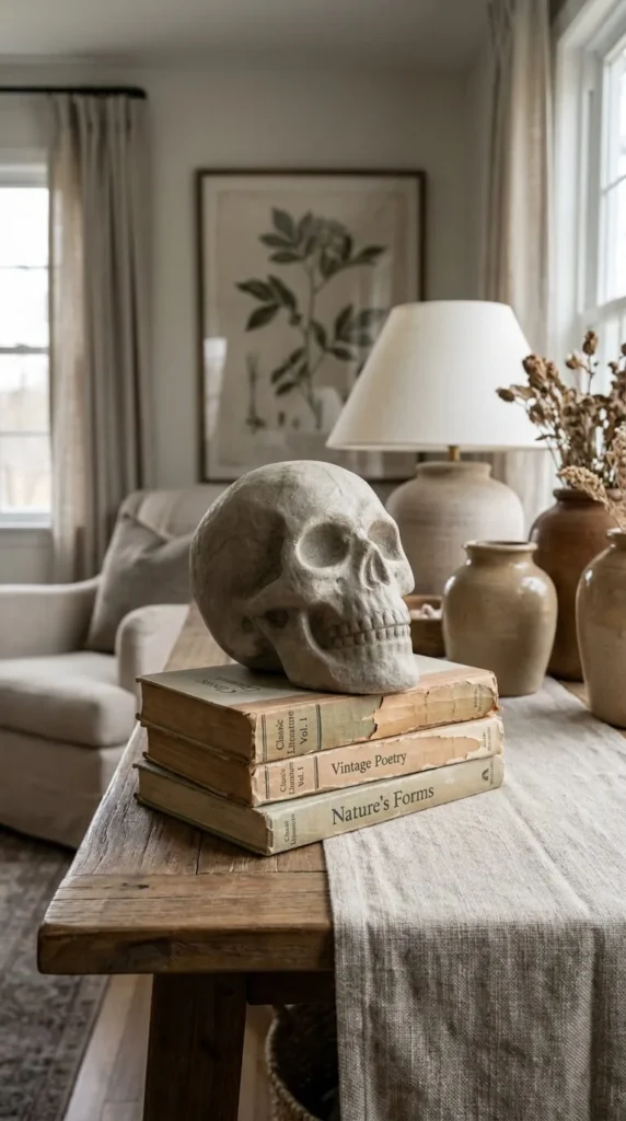 Skull atop vintage books on wooden table with lamp room