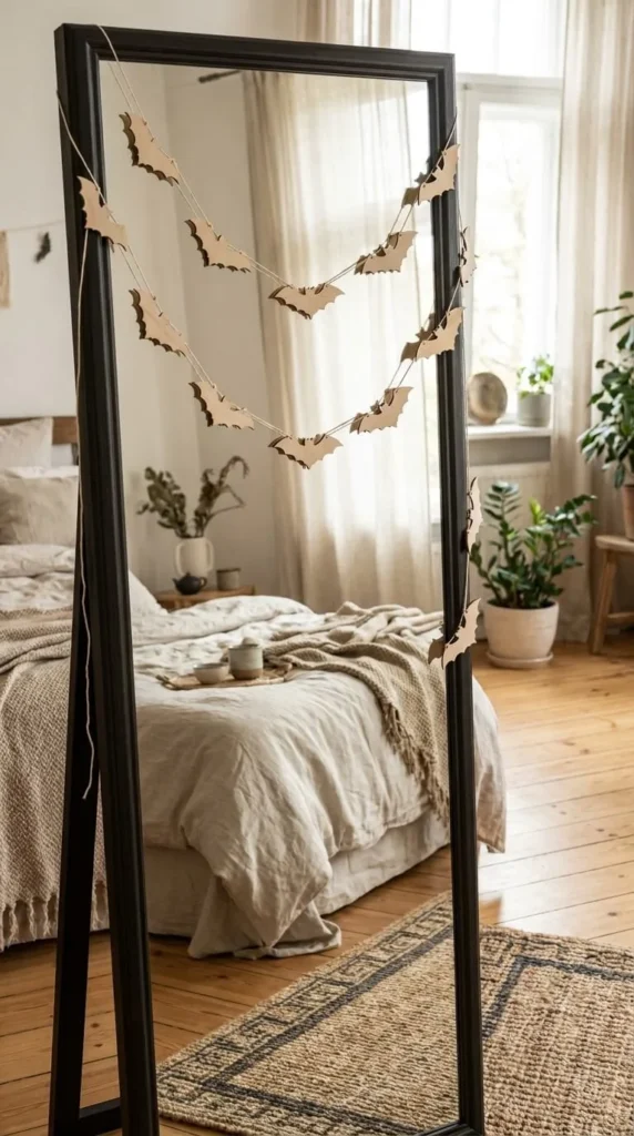 Tall black-framed mirror with bat decorations in bright cozy bedroom.