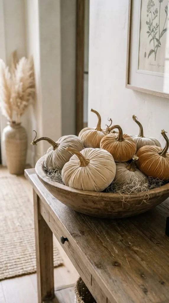 Wooden bowl holds plush pumpkins on rustic table, soft background.