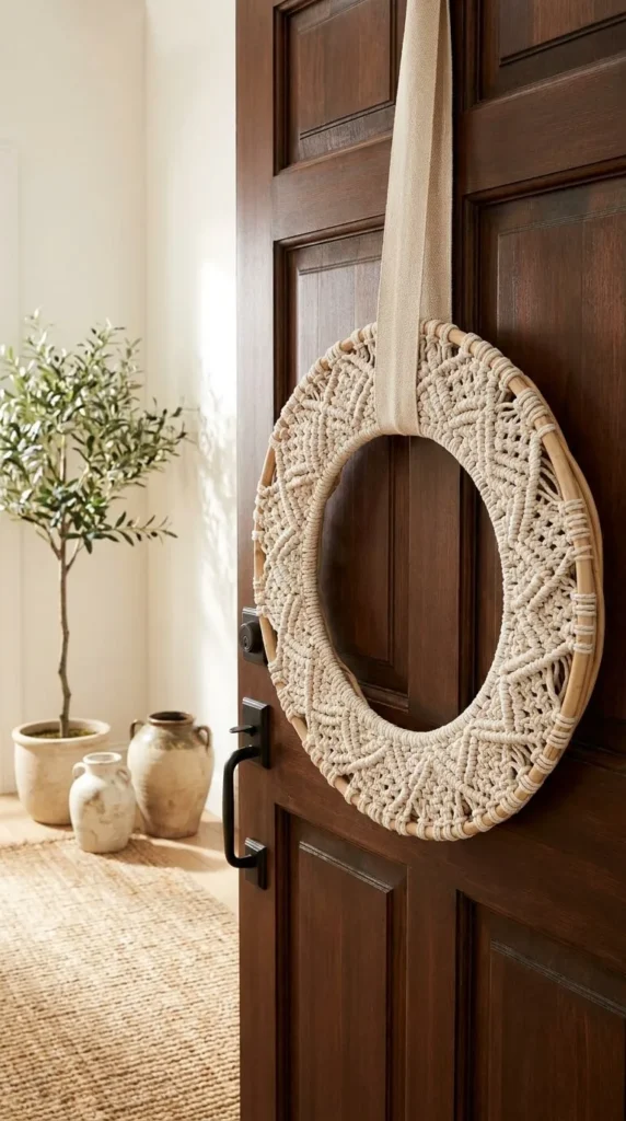 Macrame wreath hangs on dark wooden door sunlight plant vase