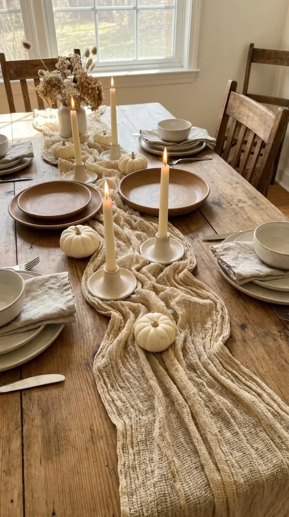 Wooden table set for dinner with candles, pumpkins, linen runner.