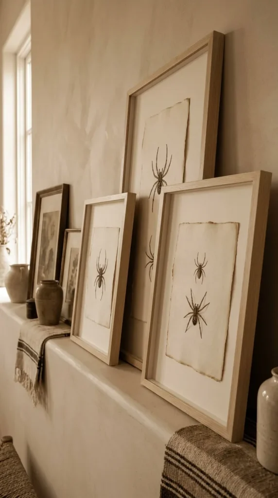 Framed pictures of spiders leaning on a shelf near window