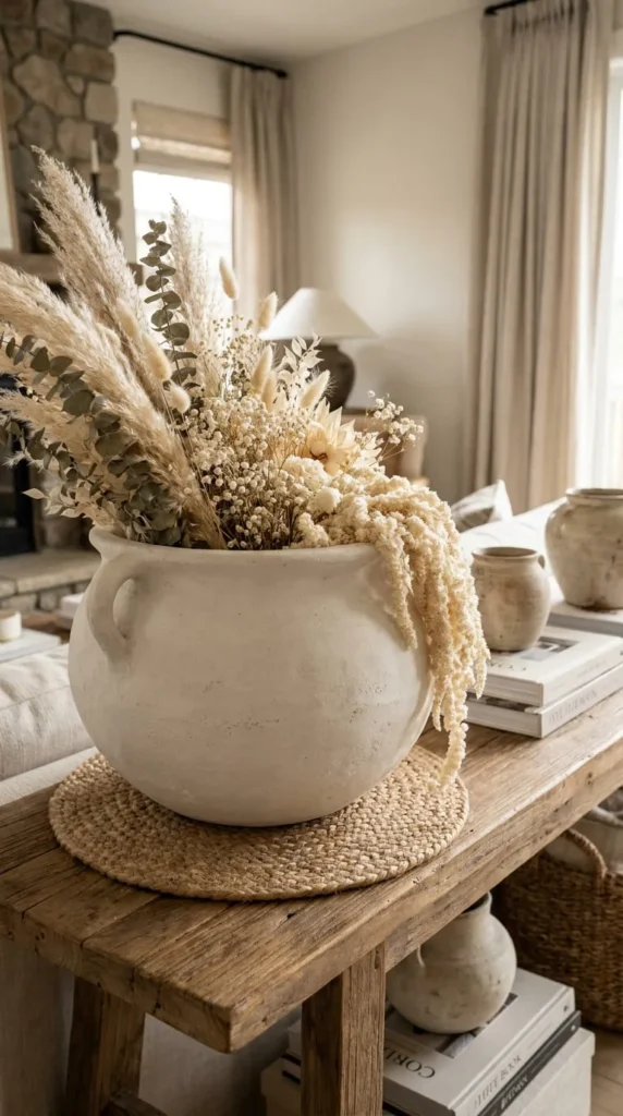 White ceramic pot holding dried pampas grass and arranged flowers.