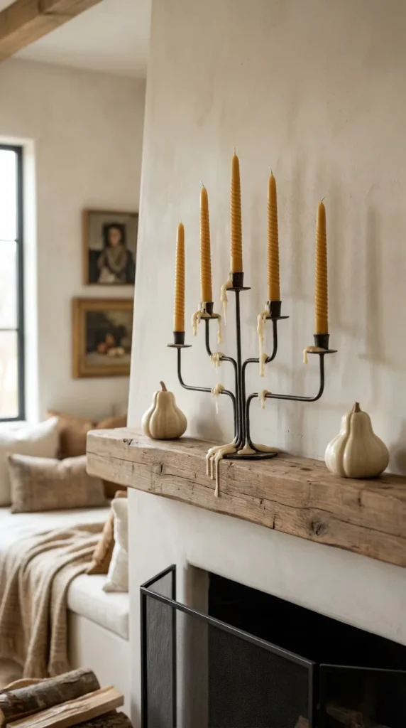 Yellow candles drip from black stand on rustic mantel, pumpkins.