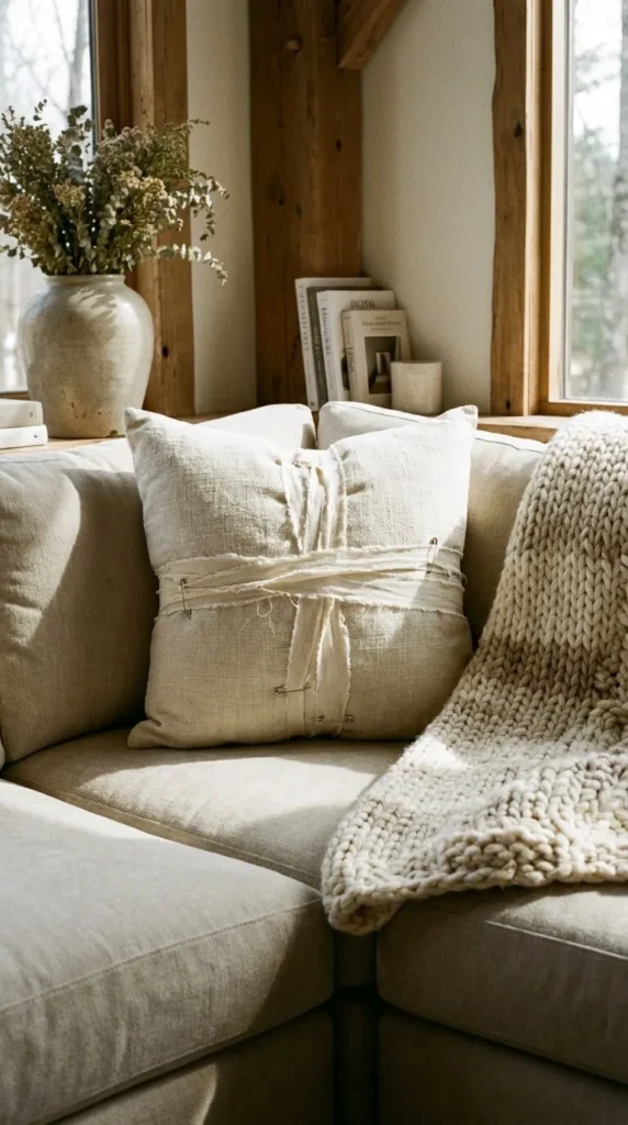 Sunlit beige sofa with knitted blanket linen pillow dried flowers