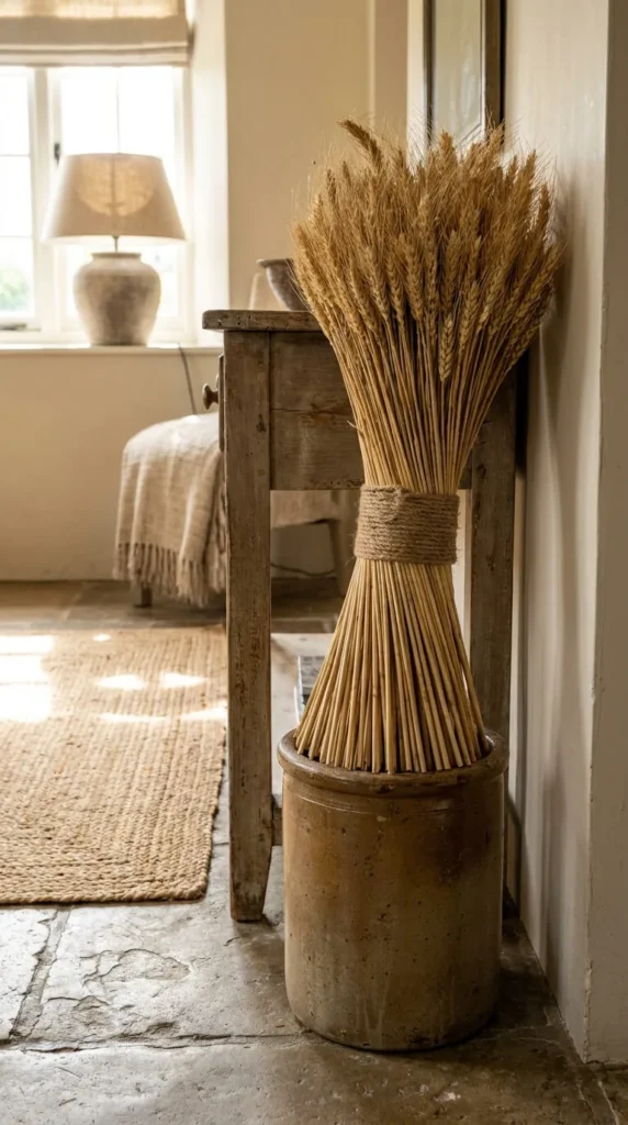 Dried wheat bundle in ceramic jar beside rustic wooden table