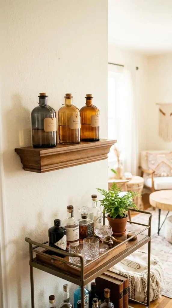 Three bottles on shelf above bar cart with fern plant