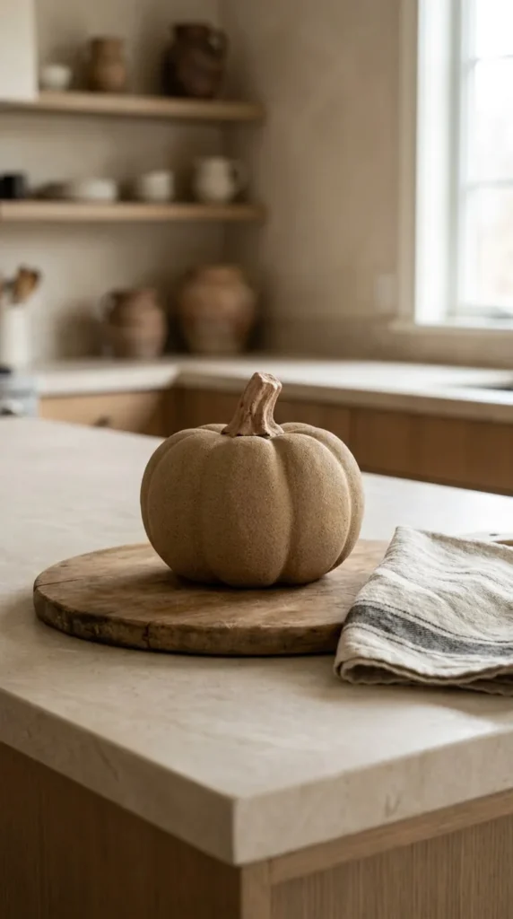 Pumpkin on wooden board atop kitchen countertop with cloth folded