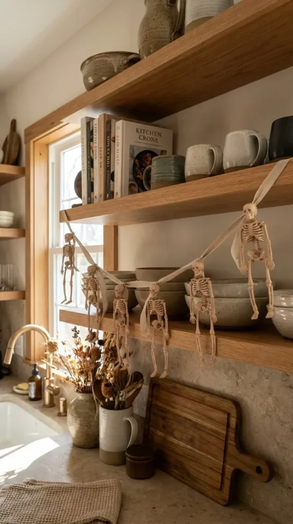 Kitchen shelves hold books, mugs, bowls, and skeleton decorations hanging